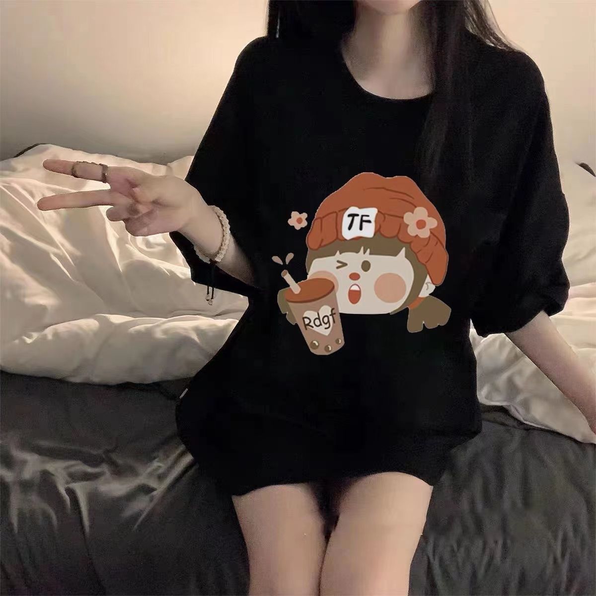 100%純棉印花短袖t恤女夏季復古黑色國潮卡通寬鬆百搭學生上衣