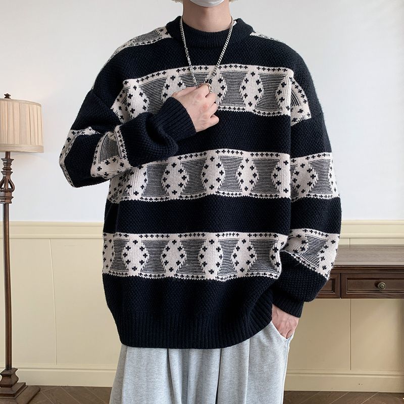 Diamond plaid knitted sweater for men in autumn and winter, American retro lazy style sweater, light mature style, thickened loose jacket, trendy
