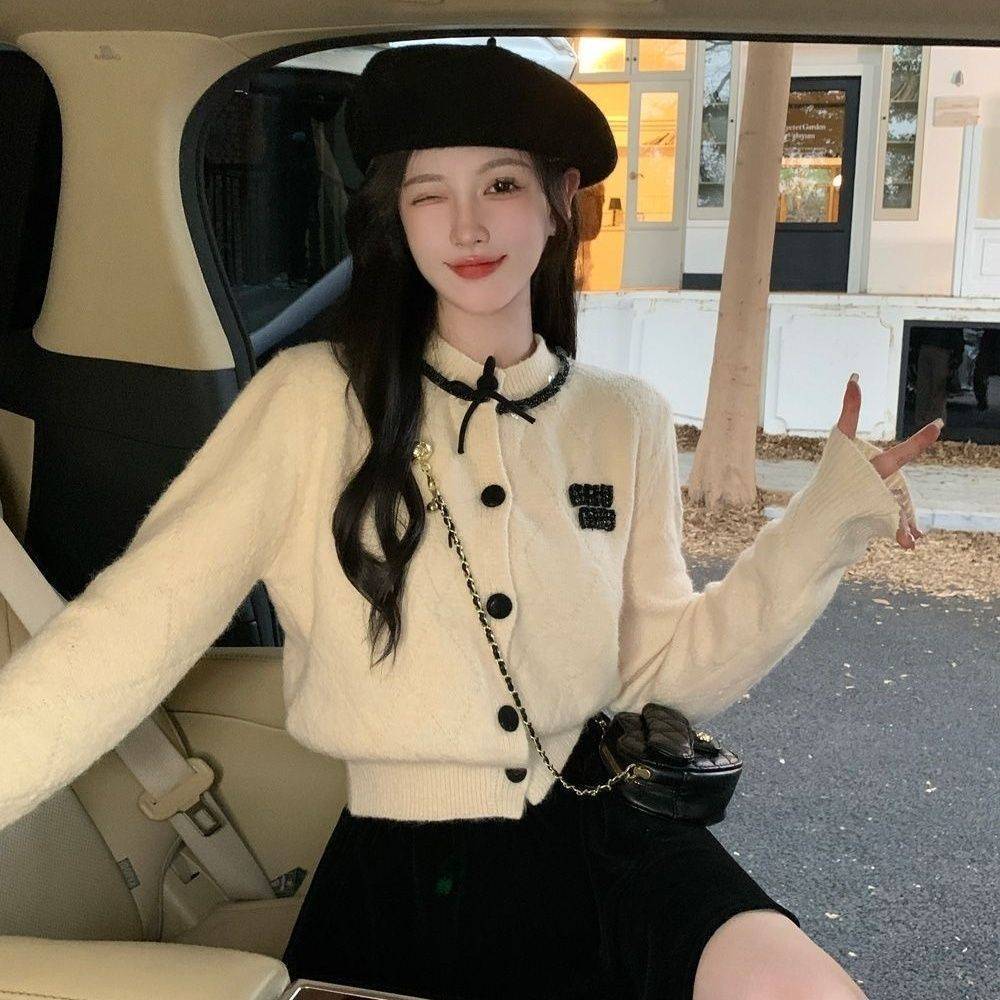 2024早春新款小眾設計感甜美韓系法式蝴蝶結小香風針織衫開毛衣女
