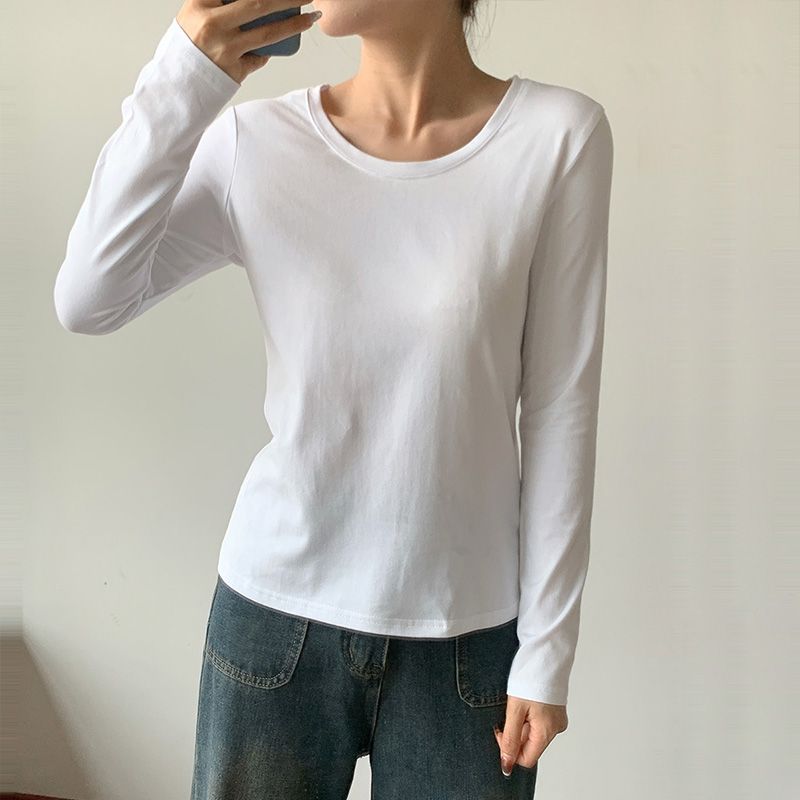 純色白色新款長袖圓領打底韓版春秋女士修身百搭加絨T恤上衣顯瘦