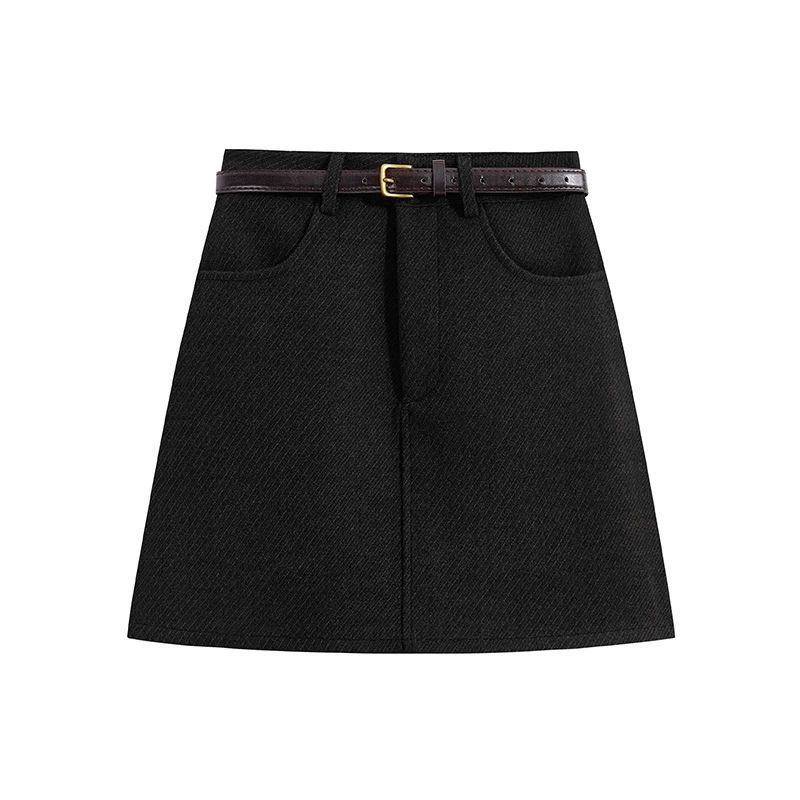 Gray woolen skirt autumn and winter thickened high-waisted slimming A-line skirt temperament hip-hugging short skirt for women