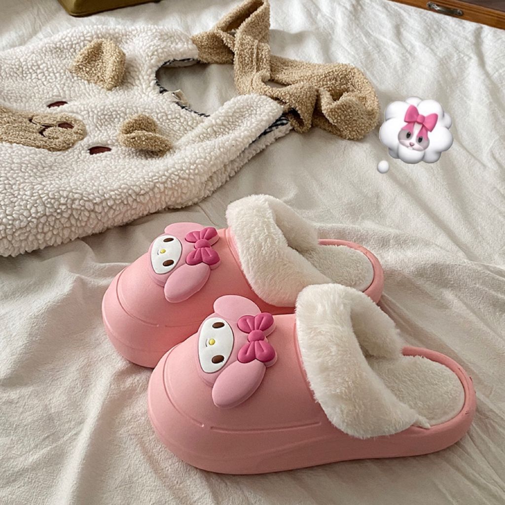 Winter warm and cute cotton slippers for women ins waterproof removable cartoon couple style thick-soled furry shoes for outer wear