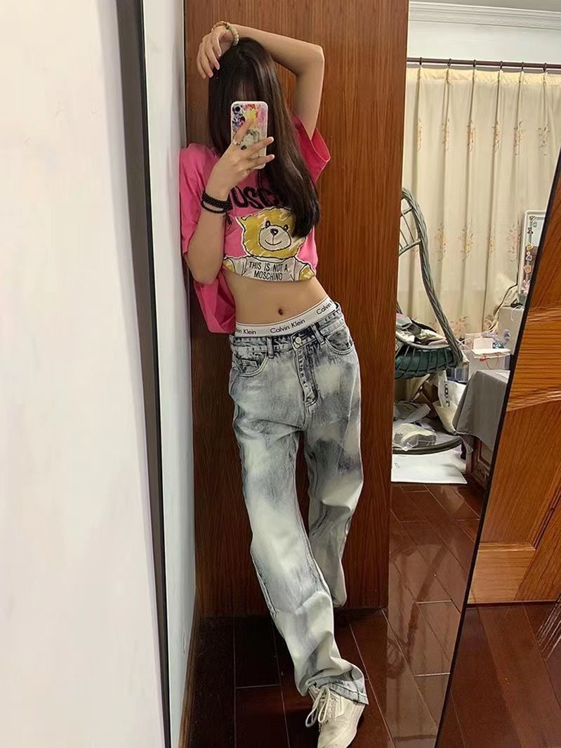 美式街頭vibe風水洗扎染牛仔褲女秋冬新款高腰寬鬆顯瘦直筒長褲子