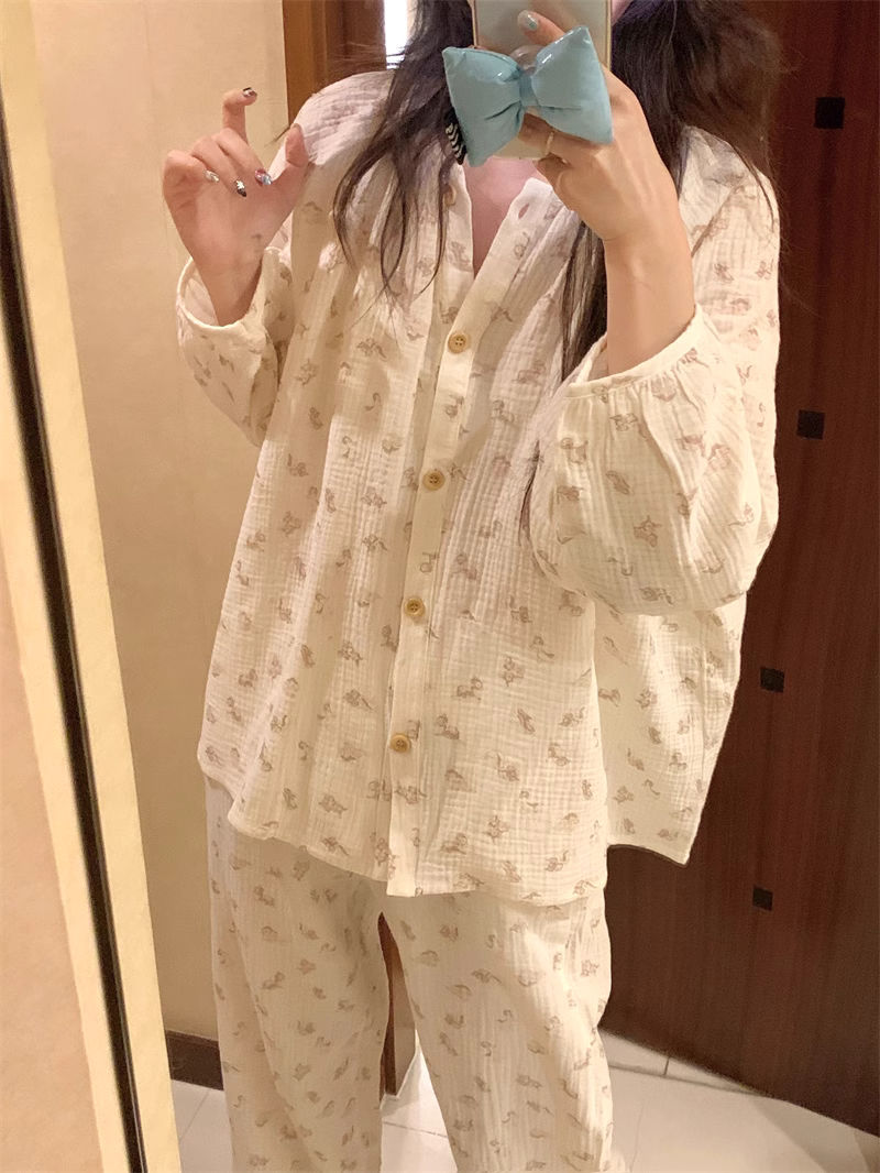 韩版女士睡衣春秋季新款ins风婴儿纱布甜美学生居家服套装可外穿