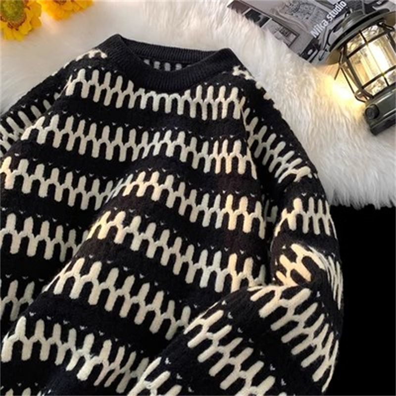 Contrast color striped sweater men's autumn and winter retro lazy style sweater jacket 2023 new bottoming inner wear