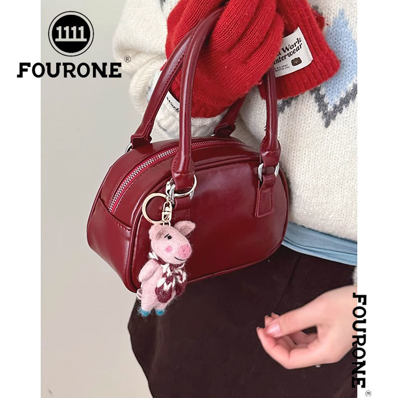 Retro red bag for women, new trendy Korean portable bowling bag, versatile crossbody bag, small square bag