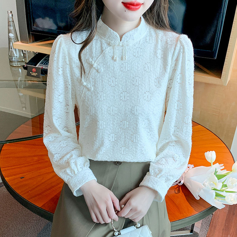 加絨蕾絲打底衫女秋冬2023新款國風盤扣配馬面裙上衣內搭洋氣小衫