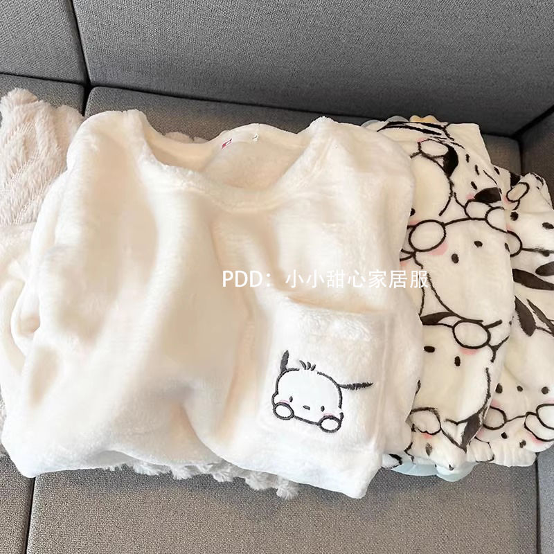卡通帕恰狗睡衣女秋冬季珊瑚絨加厚可愛套頭休閒寬鬆家居服兩件套