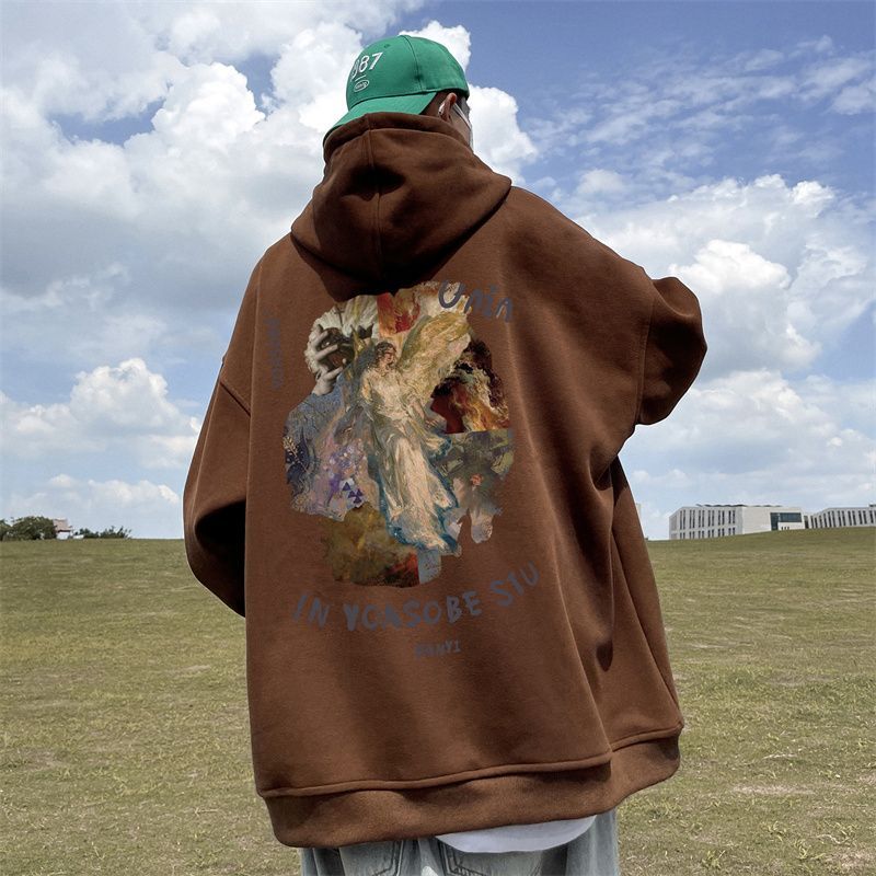 American retro oil painting hooded sweatshirt men's trendy autumn and winter velvet oversize top casual versatile jacket