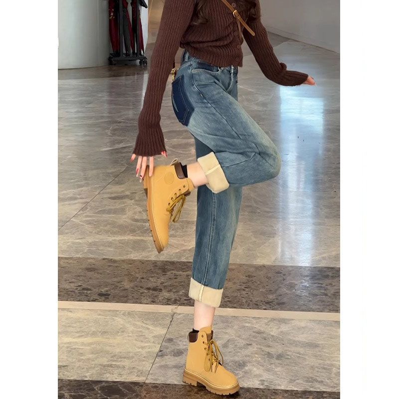 Harem Jeans Women's  New Autumn and Winter Style Contrast Color High Waist Retro Large Size Velvet Thickened Loose Daddy Pants