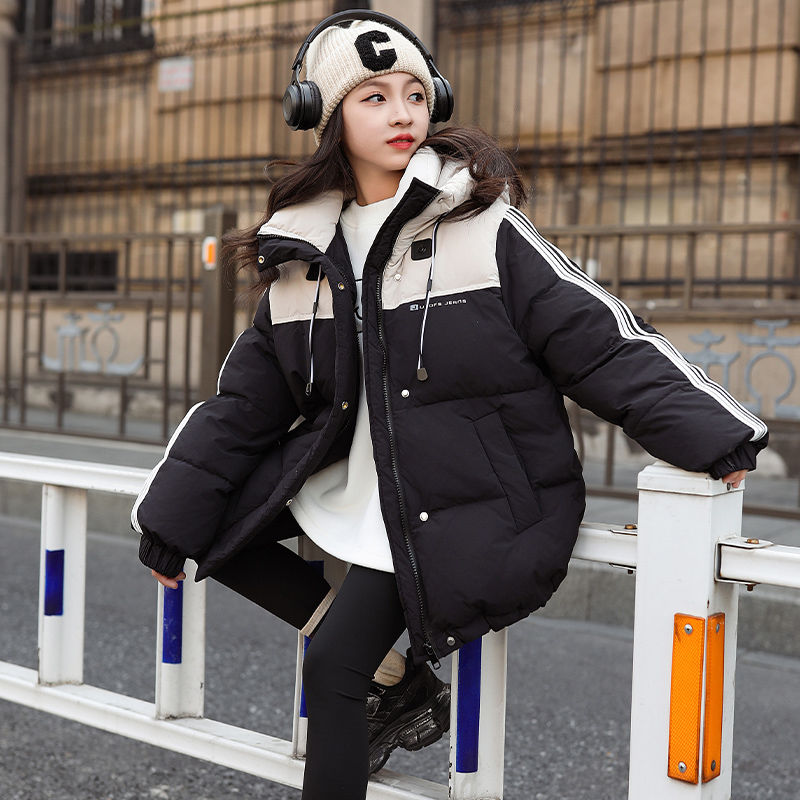 Girls' winter cotton coat  new Korean version girls color matching thickened hooded cotton coat for big children in the street