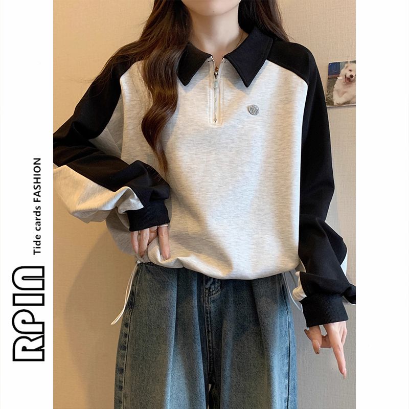 RPIN特大碼300斤學院風Polo領保暖衛衣女秋冬寬鬆顯瘦半拉鏈上衣