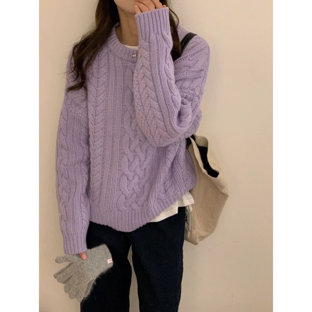 紫色针织上衣温柔慵懒风奶fufu高级感超好看的软糯麻花毛衣女秋冬