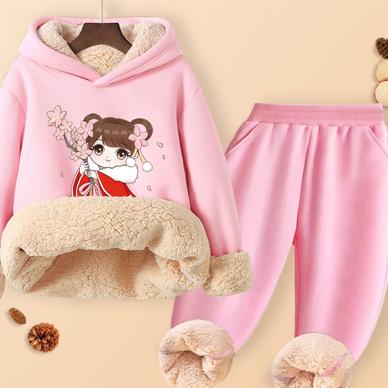 Girls' suit winter new style plus velvet warm hooded loose, fashionable and versatile Korean style long-sleeved pants suit