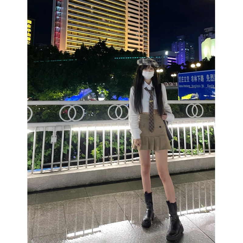 鹽系炸街辣妹兩件套裝女短款露臍不規則白色襯衫高腰百褶半身裙子