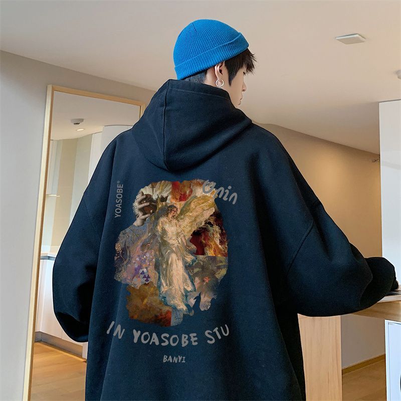 American retro oil painting hooded sweatshirt men's trendy autumn and winter velvet oversize top casual versatile jacket