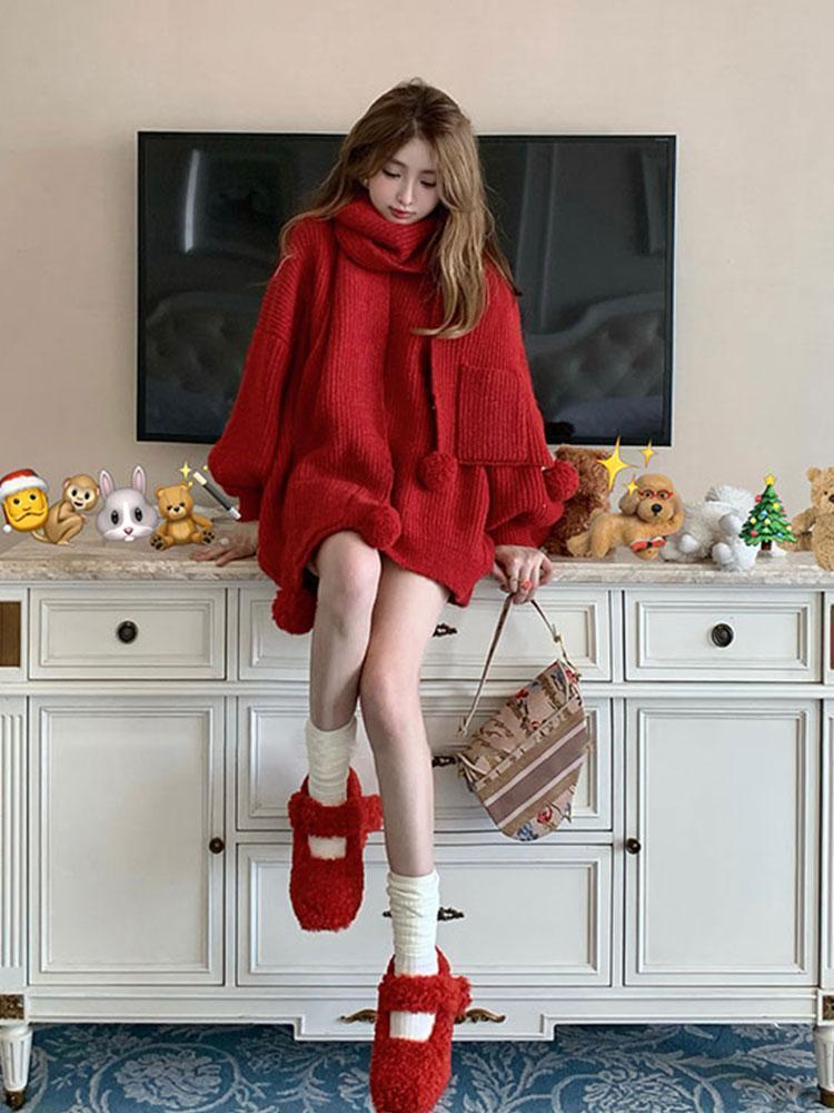 PROMONE 秋冬季圣诞新款女装新中式气质红色针织毛衣小个子