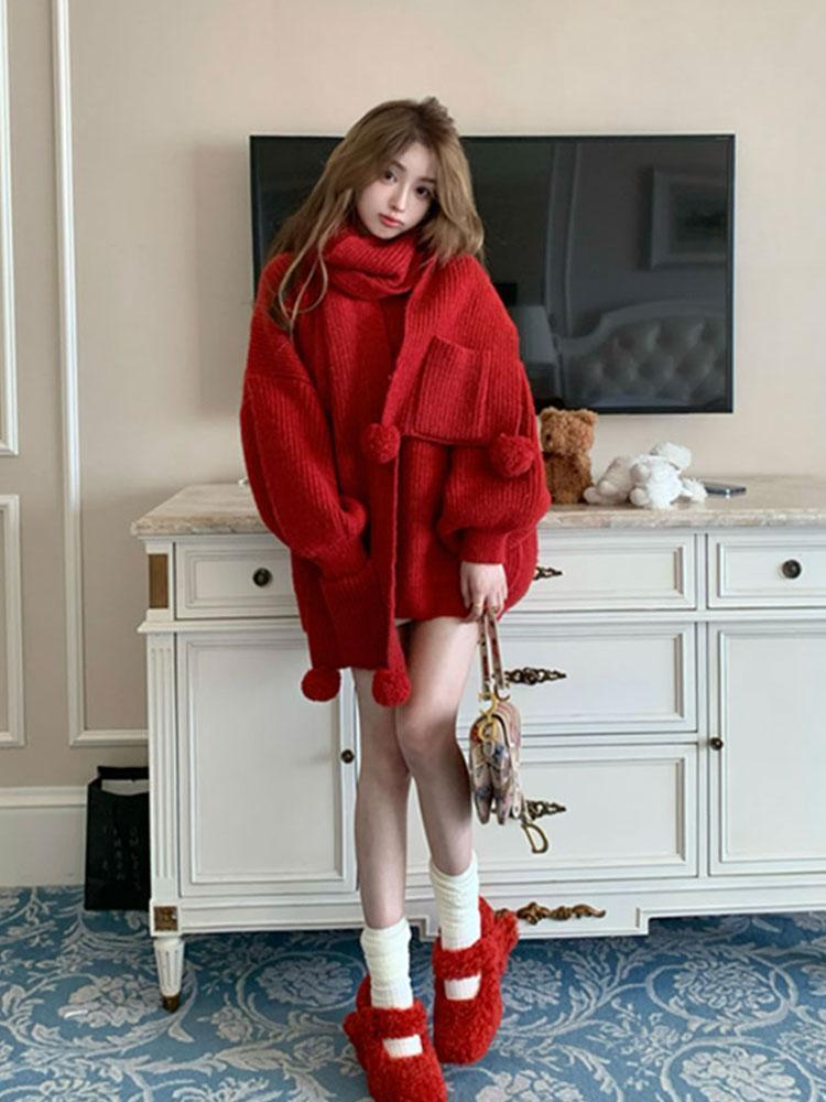 PROMONE 秋冬季圣诞新款女装新中式气质红色针织毛衣小个子