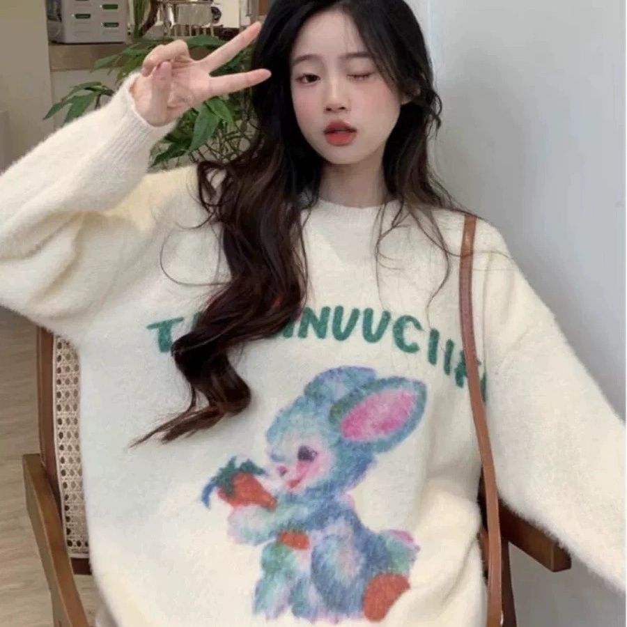 水貂絨兔子毛衣女秋冬款2023新款寬鬆設計感軟糯慵懶風針織衫上衣