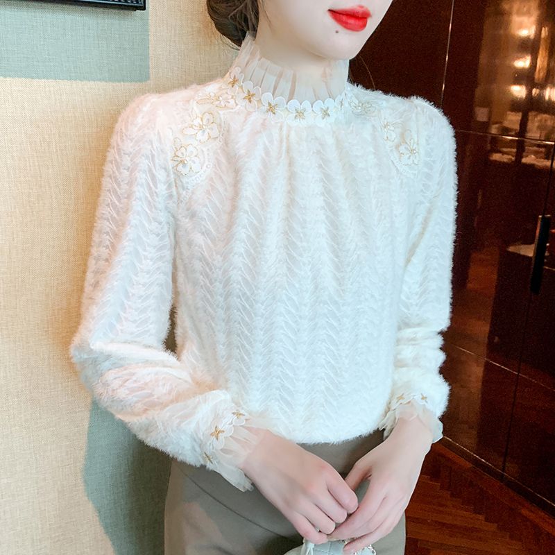 半高領加絨加厚蕾絲打底衫女秋冬季2023新款內搭小衫保暖長袖上衣