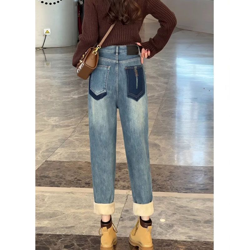 Harem Jeans Women's  New Autumn and Winter Style Contrast Color High Waist Retro Large Size Velvet Thickened Loose Daddy Pants