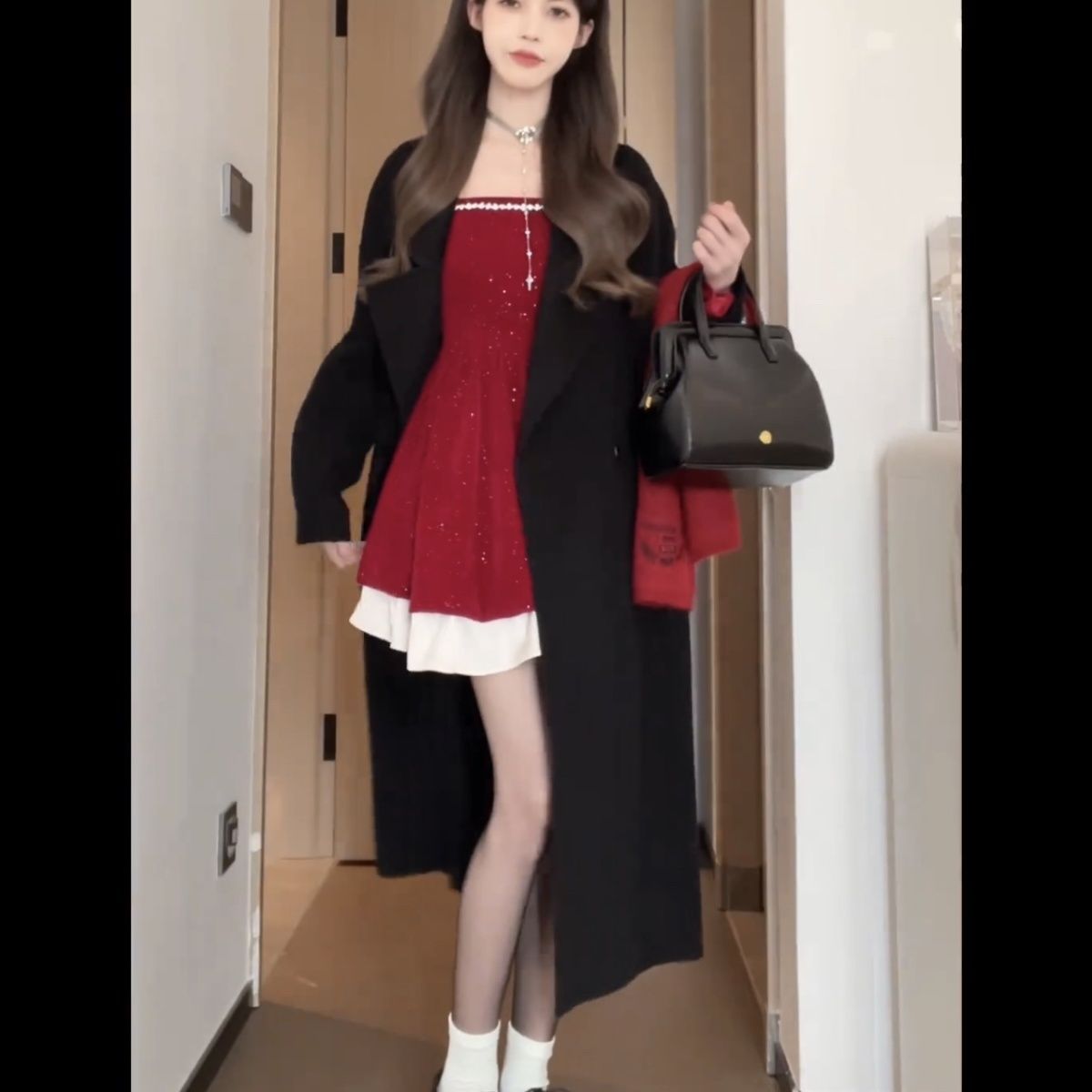 Matsumoto mourning cloth Christmas dress square collar double layer dress autumn and winter slimming waist new sequined atmosphere dress