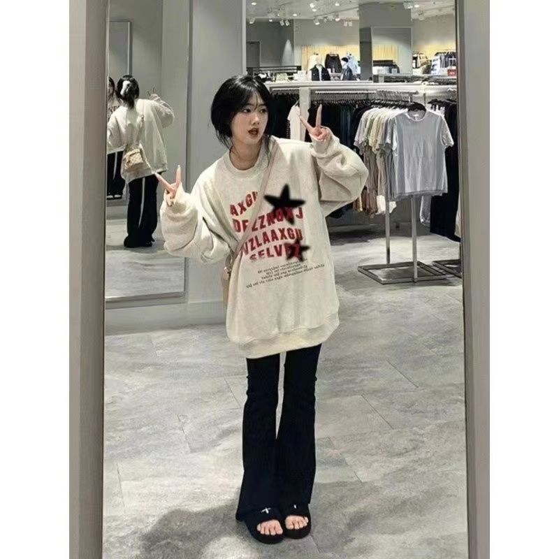 美式寬鬆百搭復古白灰色圓領衛衣女秋冬加厚外套oversize上衣女潮