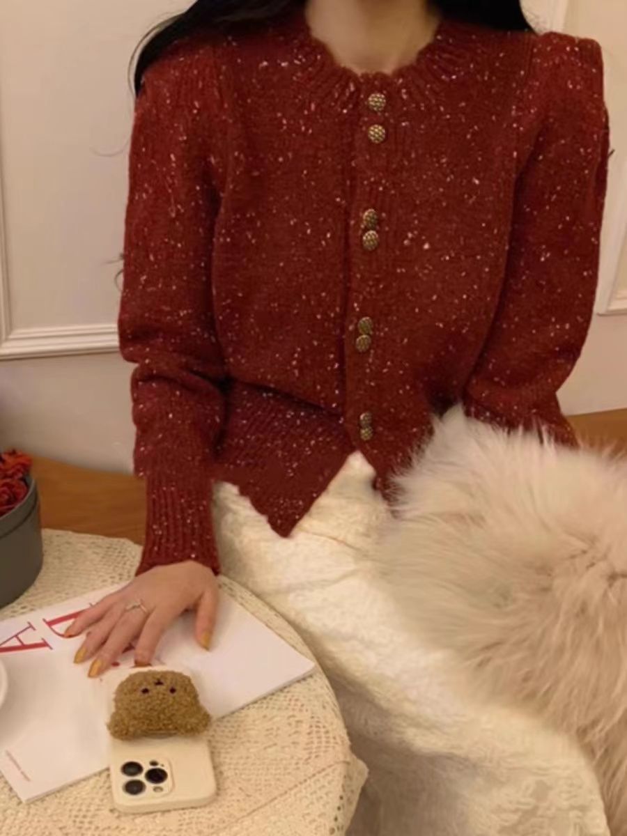 PROMONE圓領排扣長袖閃亮毛衣女冬季新款韓版修身純色百搭上衣
