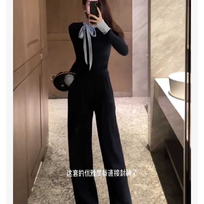 撞色蝴蝶結假兩件修身顯瘦氣質溫柔小眾上衣時尚女2023秋冬季新款