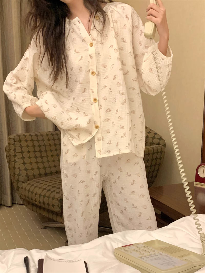 韩版女士睡衣春秋季新款ins风婴儿纱布甜美学生居家服套装可外穿