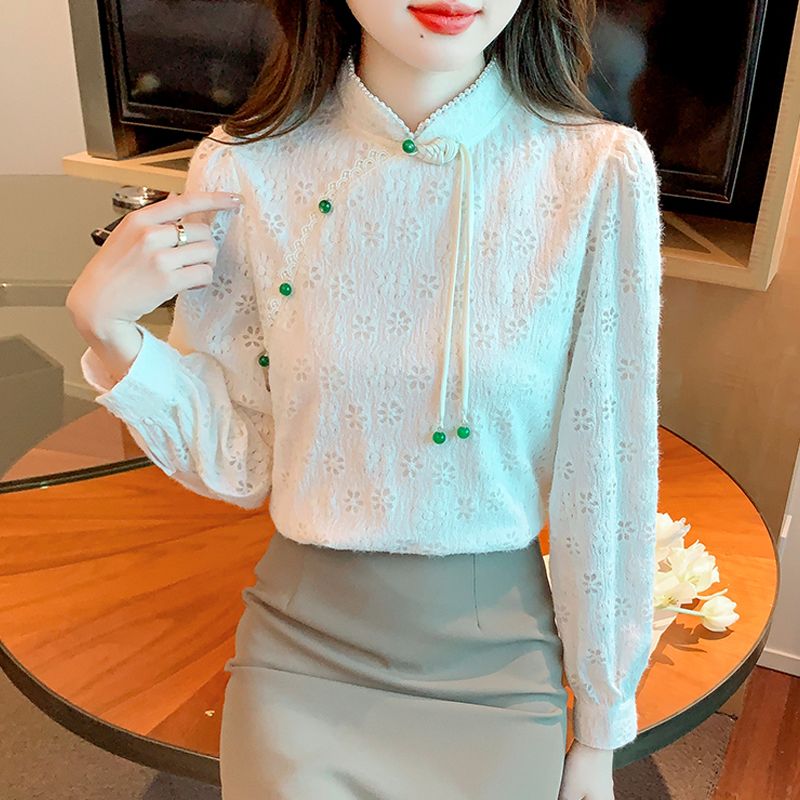 加絨立領蕾絲打底衫女秋冬2023新款國風盤扣配馬面裙上衣內搭小衫