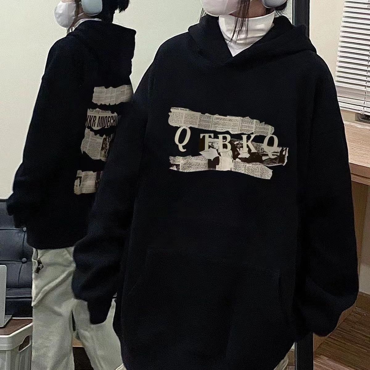 復古潮牌設計感美式復古報紙印花連帽衛衣男女秋冬高級感小眾寬鬆