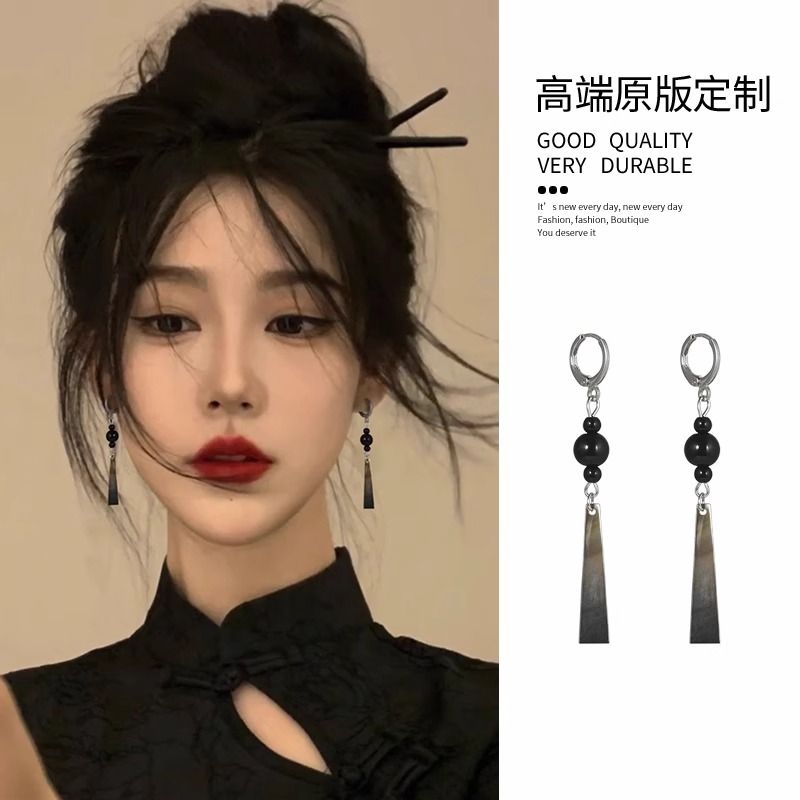國風長款黑色耳環新中式耳夾無耳洞女新款復古耳飾高級感古風耳墜