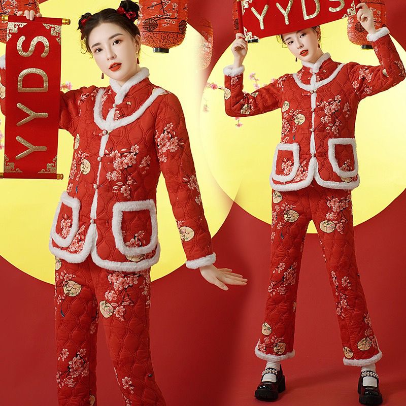 New Chinese style retro buckle autumn and winter red thickened cotton lamb velvet warm Tang suit pajamas cotton jacket and cotton trousers set