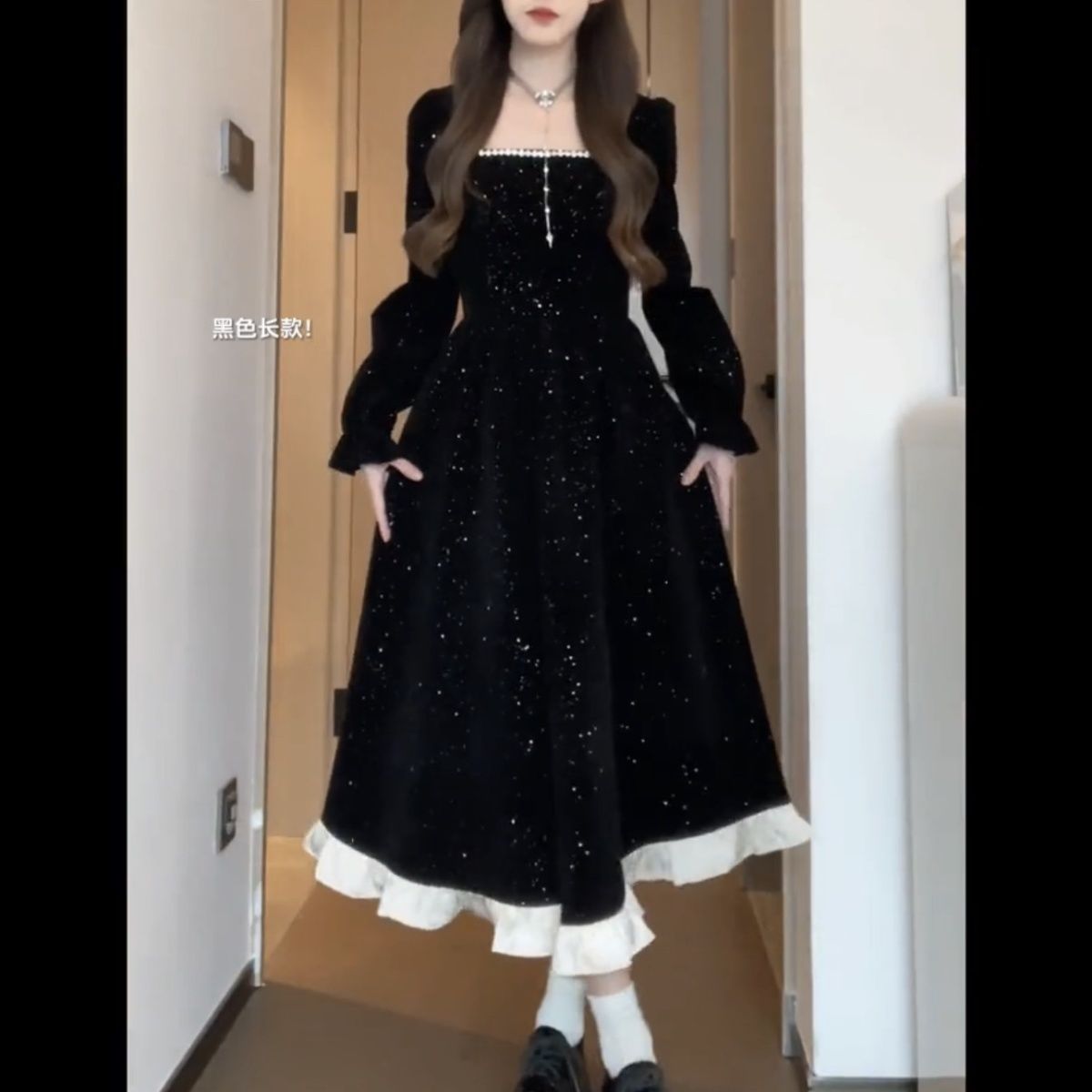 Matsumoto mourning cloth Christmas dress square collar double layer dress autumn and winter slimming waist new sequined atmosphere dress