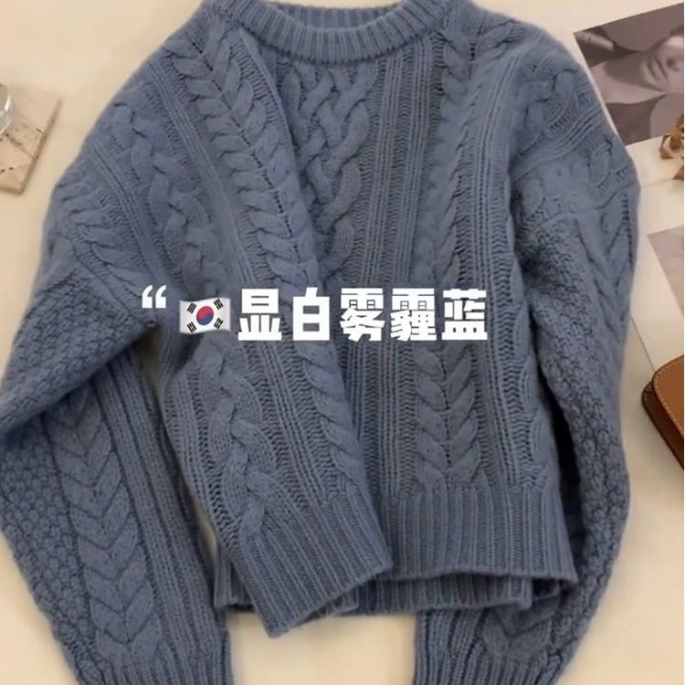 藍色浣熊絨套頭針織毛衣女秋冬季加厚設計感小眾慵懶風高級感外穿