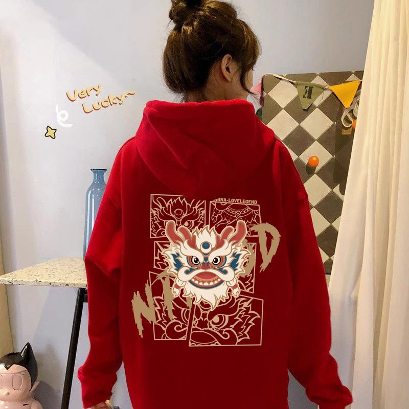 2024龍年本命年衣服秋冬季紅色時尚女裝情侶衛衣過新年款戰袍連帽