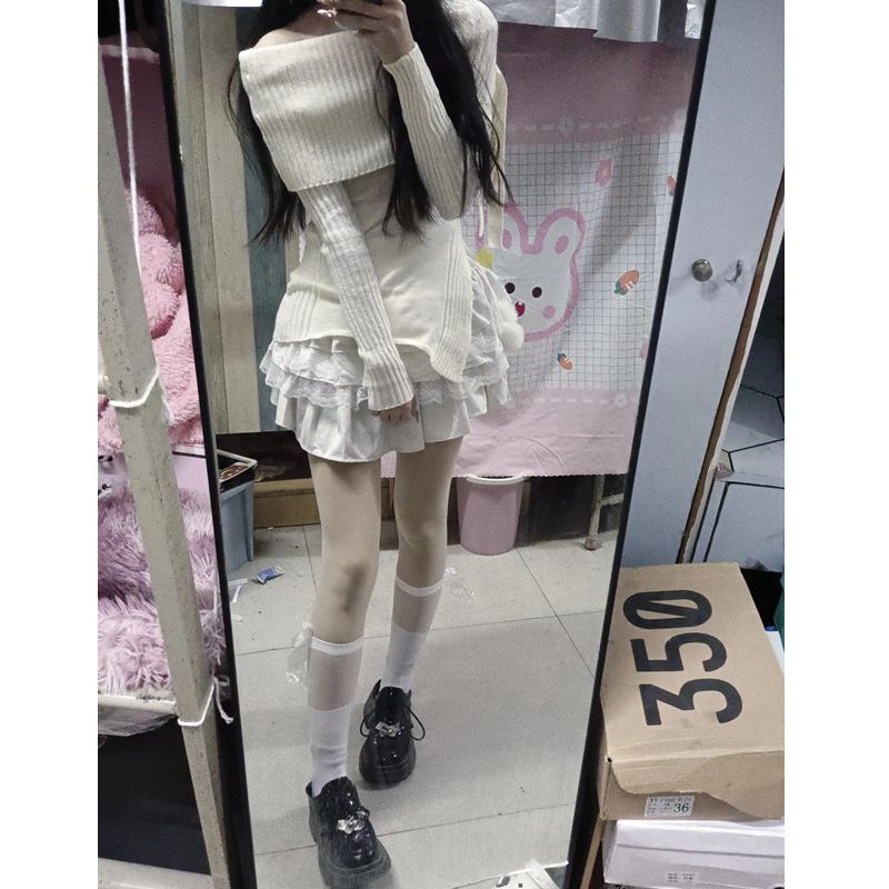 套裝女2023秋冬季新款純欲學院風一字肩蝴蝶結毛衣高腰蛋糕半身裙
