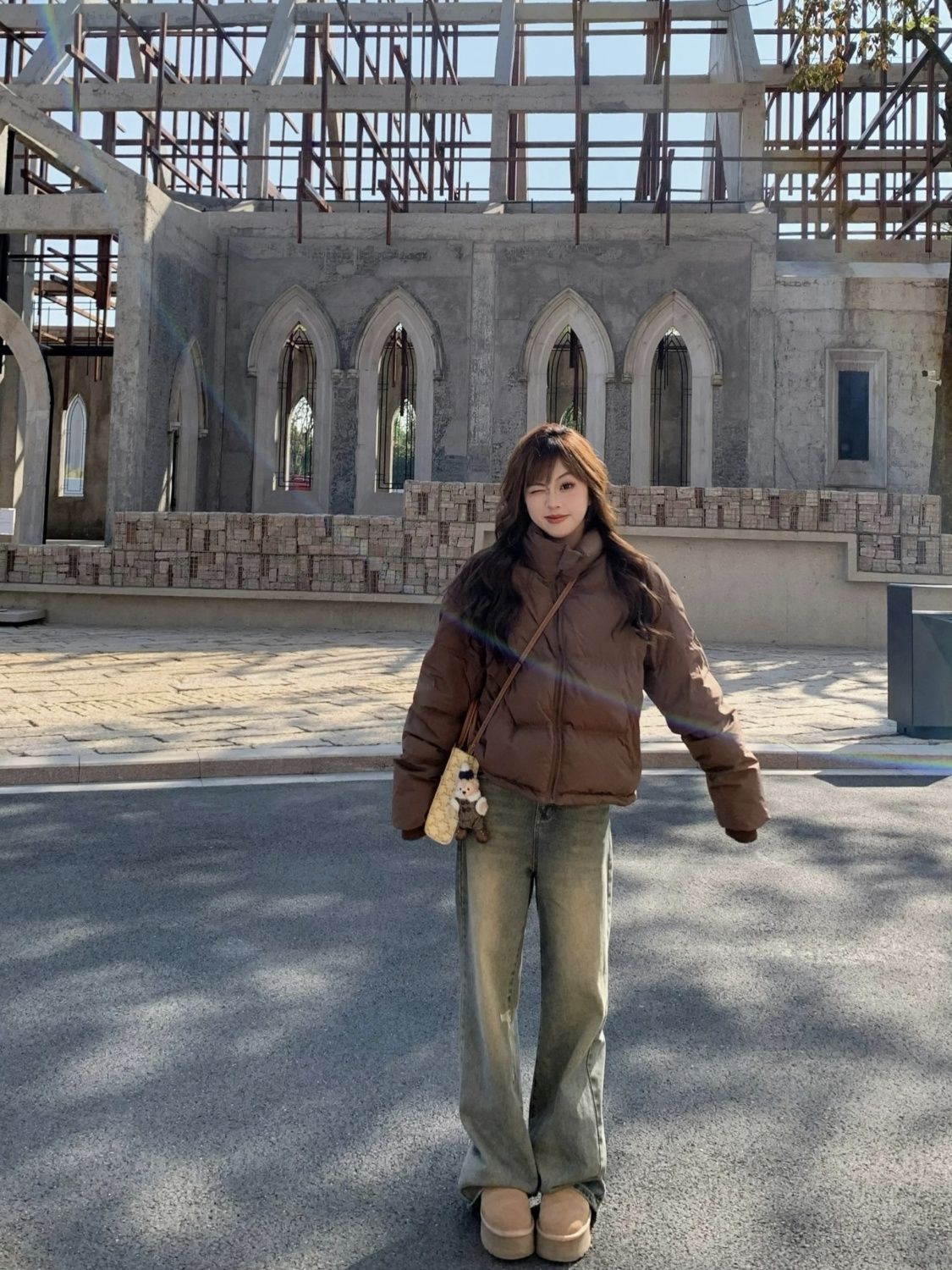 美式高腰做舊闊腿牛仔褲女秋冬新款寬鬆顯瘦直筒拖地長褲子潮ins