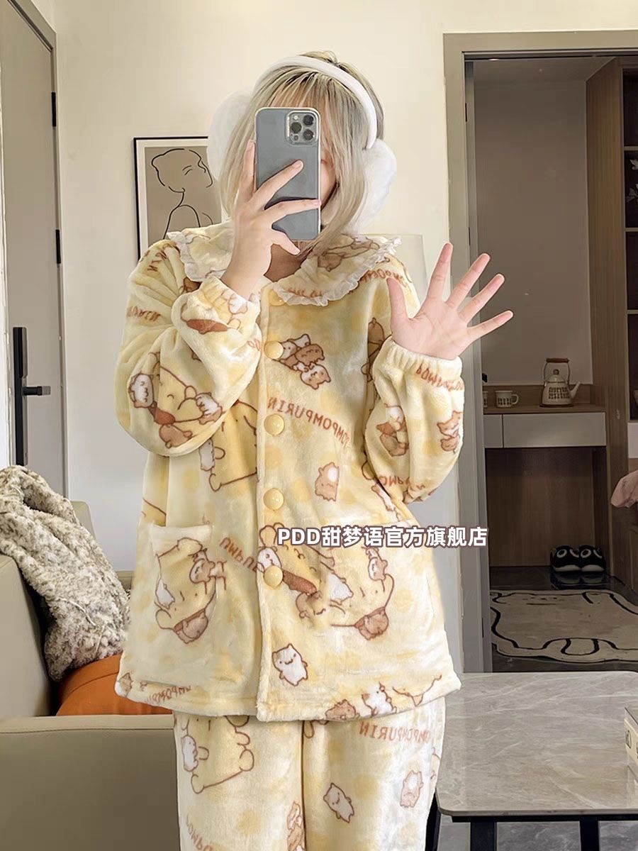 可愛布丁狗睡衣女秋冬季新款加厚法蘭絨外穿保暖珊瑚絨家居服套裝