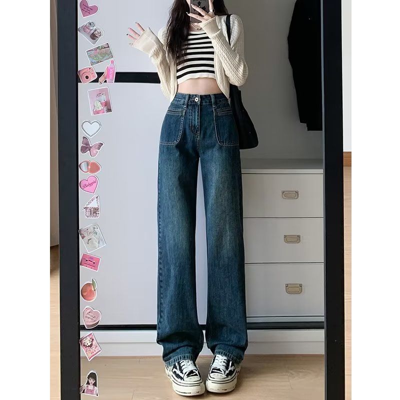 慵懶學院風復古闊腿牛仔褲女2023秋冬高腰寬鬆設計感直筒牛仔褲子
