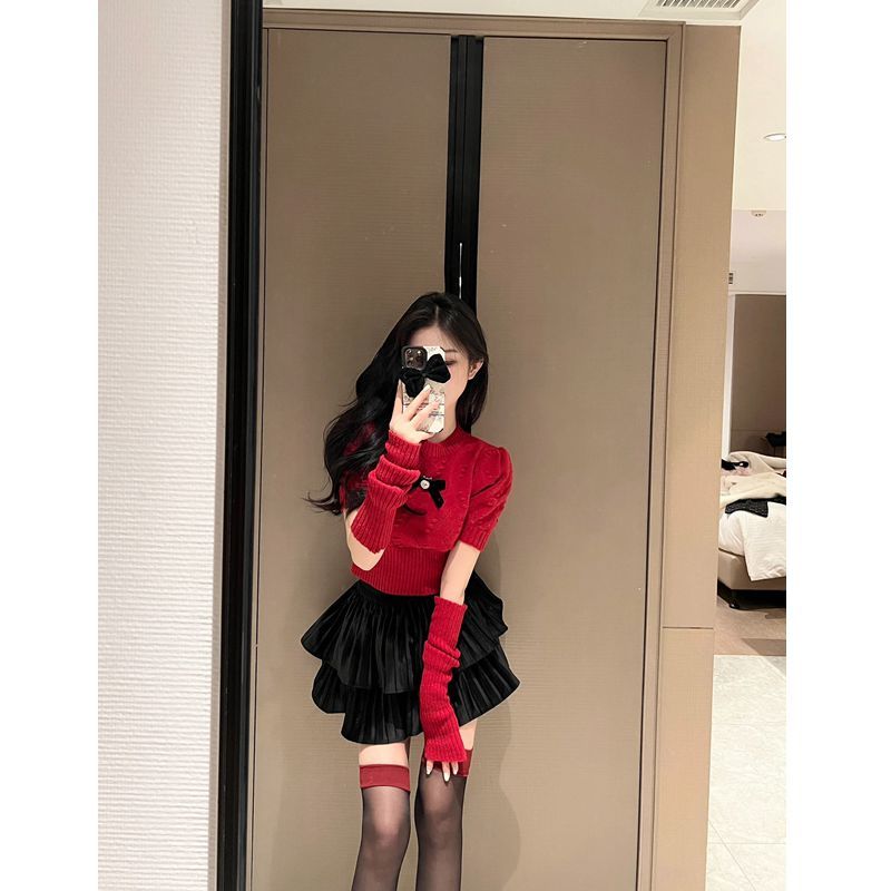 套裝女2023秋冬新款紅色慵懶風圓領蝴蝶結袖套毛衣高腰蛋糕半身裙