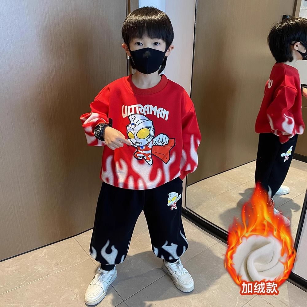 奧特曼衣服男童秋冬季套裝兒童裝加絨加厚衛衣2023新款男孩冬裝潮