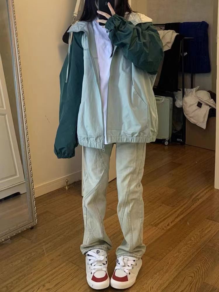 做舊黃泥染分割設計直筒褲女秋冬新款美式高腰顯瘦拖地長褲潮ins