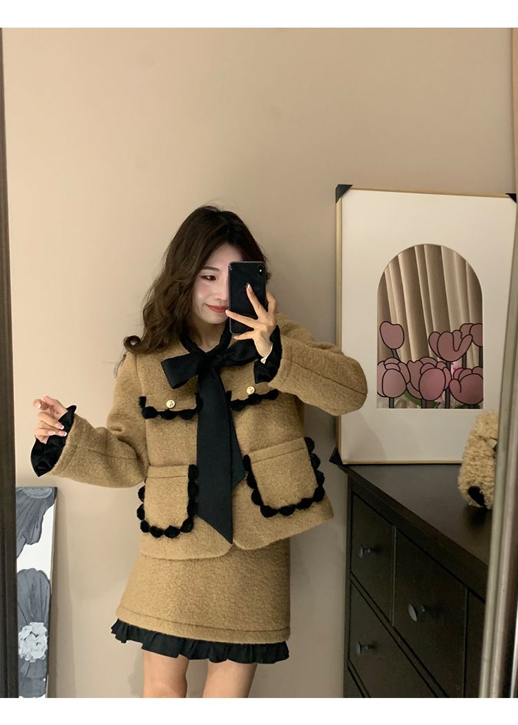 Damen Französischer Winteranzug Little Style Melard Langarmjacke Cardigan Rock Passendes Set_voghion.com
