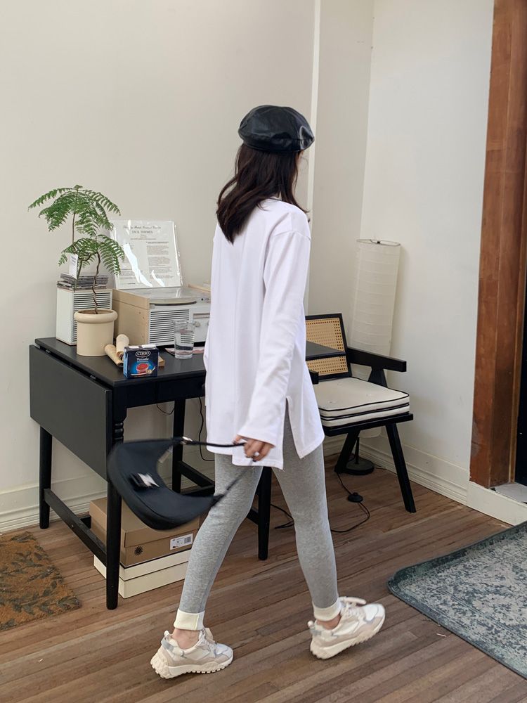 100%純棉兩側開叉長袖t恤女秋季新款寬鬆百搭ins打底衫氣質上衣潮