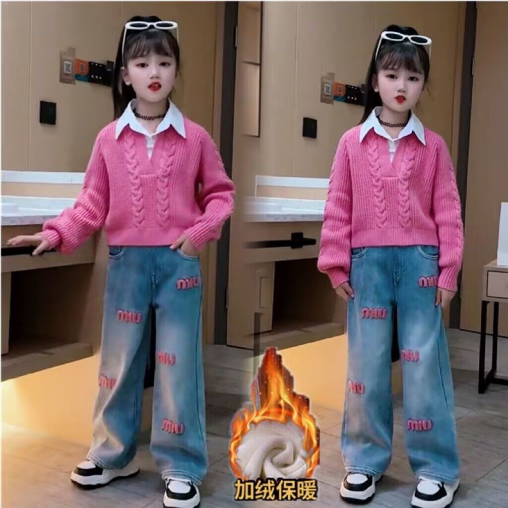 Girls Suit 2023 New Fashionable Autumn and Winter Clothing Children's Thickened Sweater and Velvet Jeans Two-piece Trendy Set