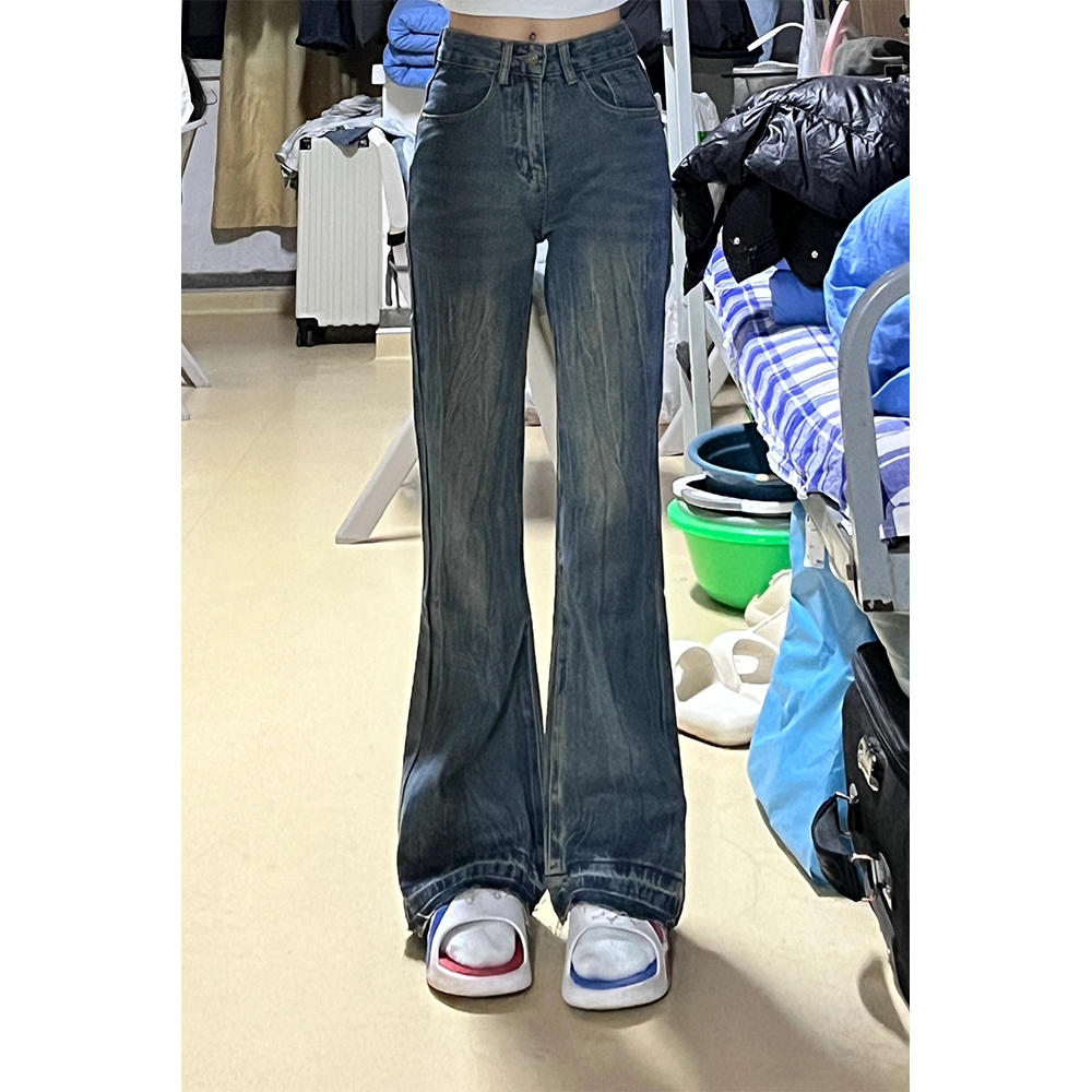 美式復古加長闊腿微喇牛仔褲女秋冬新款高腰顯瘦寬鬆拖地喇叭褲子