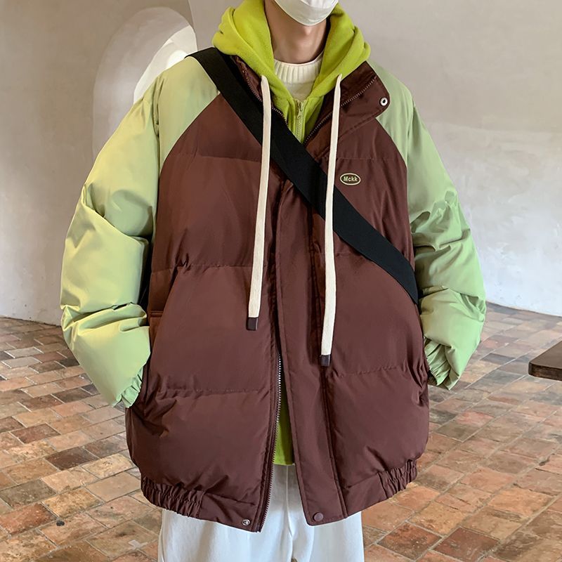 復古撞色假兩件羽絨棉服男款冬季麵包服寬鬆棉襖厚連帽外套ins潮