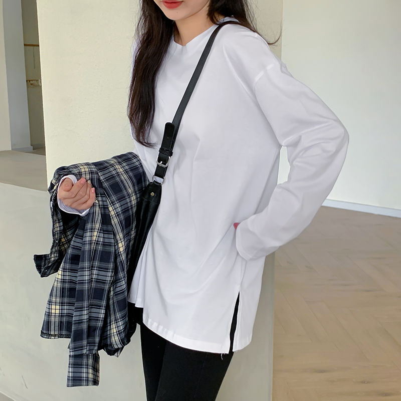100%純棉2023春季新款白色開叉長袖t恤女學生韓版打底衫上衣ins潮